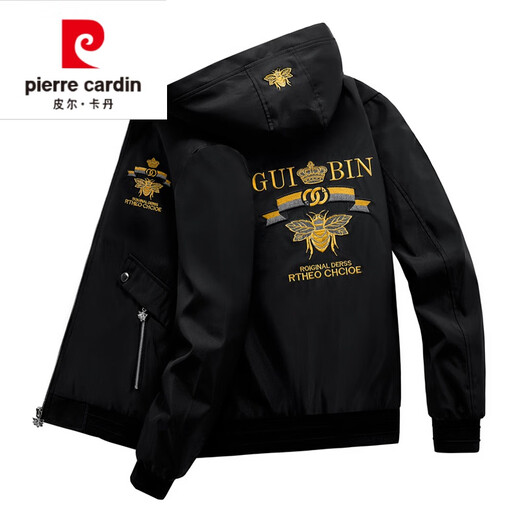 皮尔卡丹（pierre cardin）欧洲站刺绣连帽夹克外套男士春秋季2024新款黑色时尚潮小蜜蜂男装 黑色 PG9888蜜蜂带帽 XL
