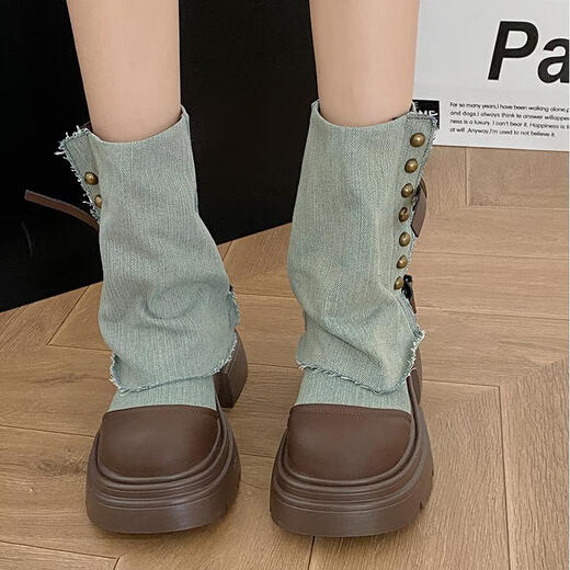 Fan Xiaoru Jeans Beinstiefel 2024 neue kurze Stiefel Dicke Sohle Martin Stiefel Retro Britische Stapelstiefel Hochdarmte Western Denim Stiefel Blau 37