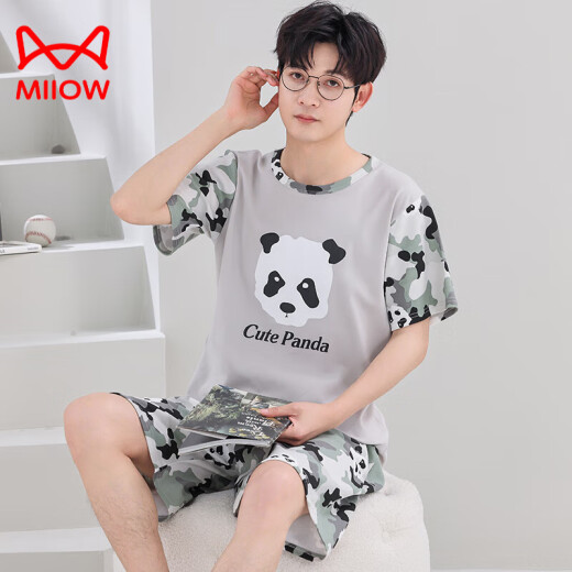 
Cat Man (MiiOW) pure cotton men's pajamas for teenagers loose large size home clothing suit summer short-sleeved cartoon summer men's style short-sleeved shorts - Q1396 light green little white teenager version - L size [85-95Jin [Jin equals 0.5 kg]]