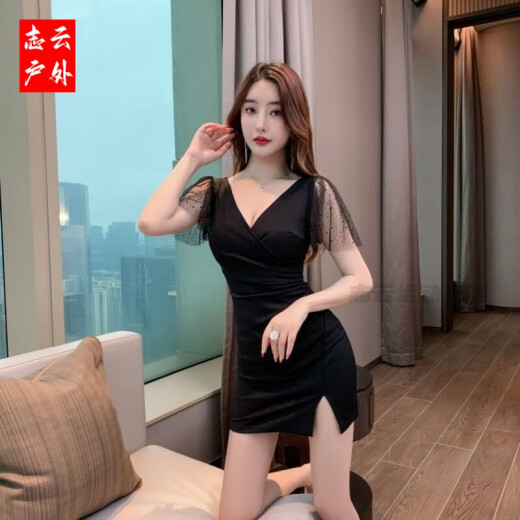 吉兴久夜场工作服女夜总会连衣裙女深V礼服足疗足浴技师工作服性感包臀 3897黑色 L 建议105-115斤