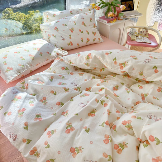 Jingsheng Bed four-piece set double-layer yarn summer bedding Yiye-yellow 1.5/1.8m bed sheet four-piece set