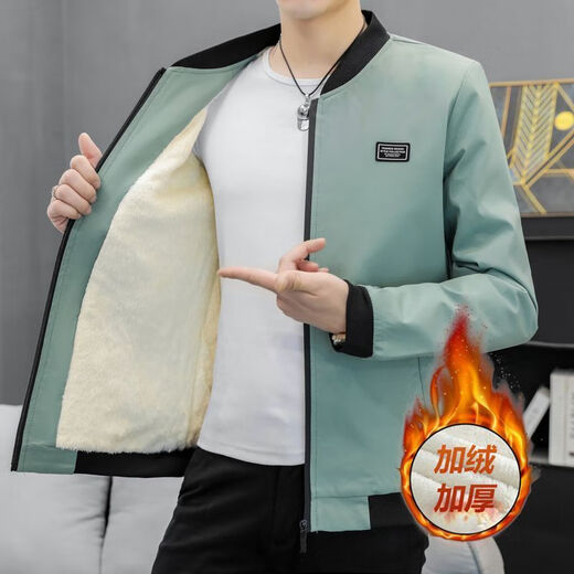 Yuejing Sheng plus velvet thickened jacket men's coat autumn and winter short top slim warm top trendy men's baseball uniform plus velvet thickening black L 100-115Jin Jin equals 0.5 kg wear