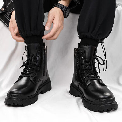 Botas Xier Martin Men Nuevas botas de trabajo de estilo británico de alto contenido Botas de cuero retro de moda Botas de motocicleta de suela gruesa Men Negro 40