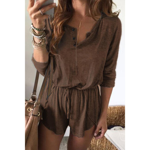 Houdayi hot selling European and American clothing solid color lace-up long-sleeved shorts jumpsuit OM80 brand women's clothing khaki XXL