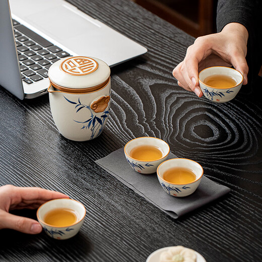 Tangfeng Ru Kiln Travel Tea Set Portable One Pot Four Cups Outdoor Camping Accompanying Tea Making Quick Cup Housewarming Gift Bamboo Rhyming Ruyi Quick Cup