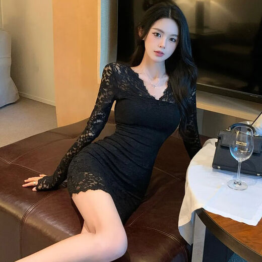 Yi Jingxuan (Yijingxuan) Vestido de encaje hueco de cuello en V de celebridades para mujeres en otoño e invierno pura falda madre de cadera sexy y sexy que muestra su figura dentro del club nocturno Imagen L 105-115Jin [Jin iguala 0.5 kg]