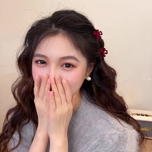 High-end velvet bow small grabber bangs hairpin retro princess clip headdress female small broken hairpin female four-piece set burgundy + black flocked bow