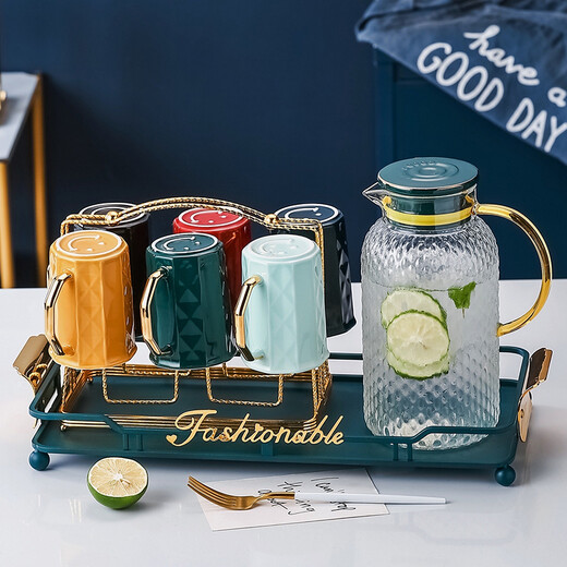 Qipai Nordic light luxury water set for home living room hospitality cup tea set teapot cup kettle cold kettle set high-end ceramic water cup with handle high temperature resistance with tray light luxury water set 9 pieces + 6 spoons 552