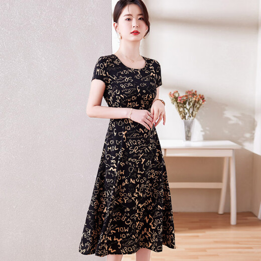 Xuedifei chiffon dress for women 2024 summer new fashion temperament floral slim letter mid-length skirt summer dress for women 5802 black M