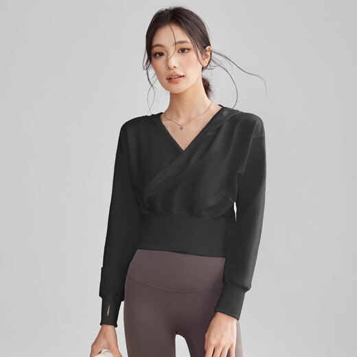 Youyou yoga wear women's long-sleeved waist slimming quick-drying sports top Pilates hooded fitness sweatshirt J34018Y black top XL recommended 130-145 Jin Jin equals 0.5 kg