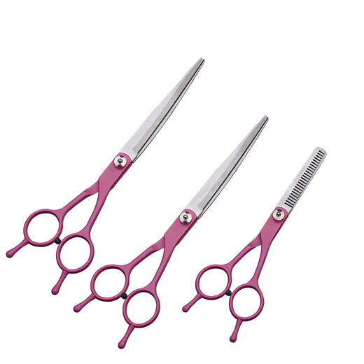 Zhizhou pet grooming scissors, dog hair tool set, 7-inch trimming scissors, curved scissors, Teddy cat and dog pet scissors, rose red straight scissors + curling scissors + dental scissors + steel comb + bag