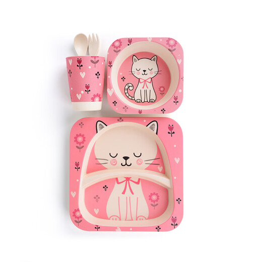 Zhuoli Zhuoli cartoon bamboo fiber children's tableware set with partition dining plate for home use baby baby food cute bowl and spoon pink cat bamboo fiber tableware five-piece set
