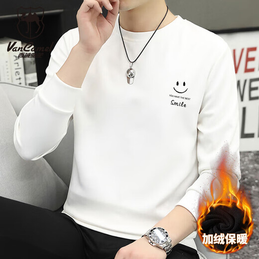西域骆驼（VANCAMEL）卫衣男圆领秋冬长袖t恤加绒加厚套头男士卫衣休闲打底衫 白色 2XL
