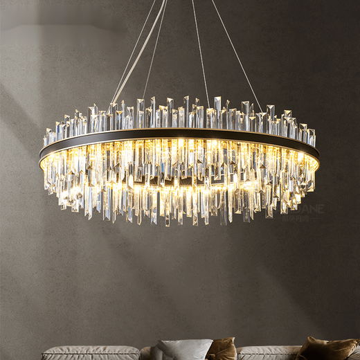 Prism light luxury crystal lamp postmodern atmospheric living room chandelier black iron circle dining room lamp hanging line model 9732-800*370X