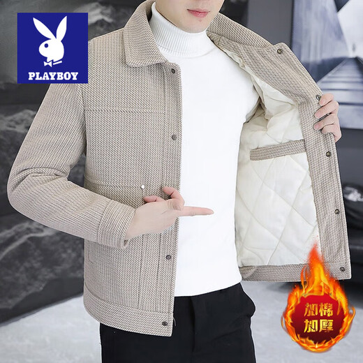 Playboy Autumn and Winter Cotton Thickened Jacket Men's Trendy Brand Casual Youth Short Top Lapel Handsome Men's Thick Work Jacket Black L