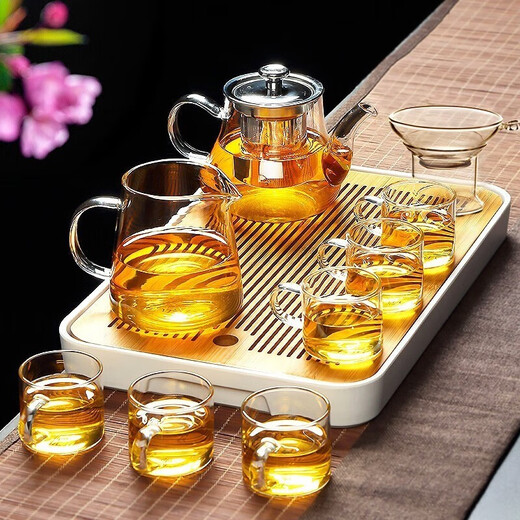 Gudong Xiaoming glass tea set complete set of small teacup set tea maker fully equipped home tea drinking tea set accessories with filter straight handle 9-piece set-450ml pot