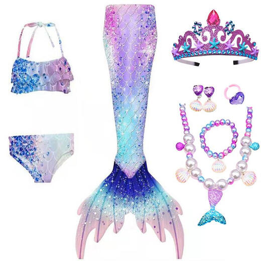 Ruiyang Meerjungfrau Kleidung Prinzessin Schwanz Badeanzug Girl Split Bikini Baby Badeanzug Neues heißes Frühling farbenfrohe dreiteilige Set + Krone + Halskette 4-teilige Set 130 cm
