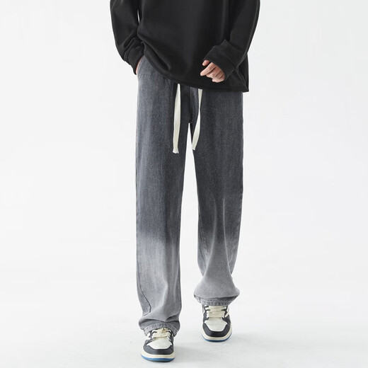 Foss Phil Jeans Summer Hole Loose Work American pantalones Trendy Brand High Street Retro de pierna ancha Men SS-5009 Black Grey XL (recomendado 130-150jin [Jin equivale a 0.5 kg])