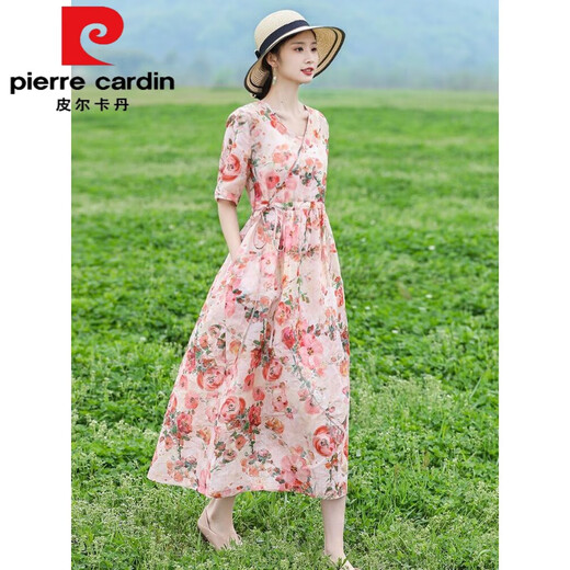 
Pierre cardin retro ethnic style women's long skirt summer age-reducing mother m mother's outfit lace-up waist slimming cotton linen dress floral dress 683 pink 2XL