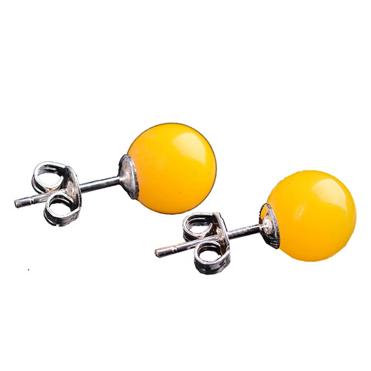 Fat Donglai's same style beeswax earrings for women amber chicken oil yellow old honey earrings S925 silver red blood amber round beads double-sided yellow beeswax 8mm round beads silver earrings