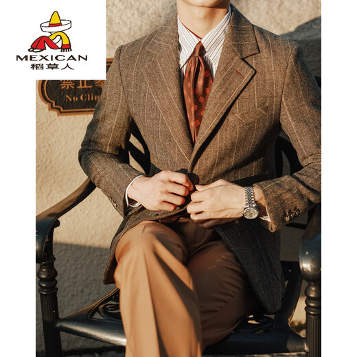 Scarecrow Casual Wollanzug Herren großer Retro-Fischknochenmuster Fischgröße Wollmantel Schlanker langärmeliger Gentleman-Anzug brauner Plaid 4xl (220jin [Jin entspricht ca. 0,5 kg])