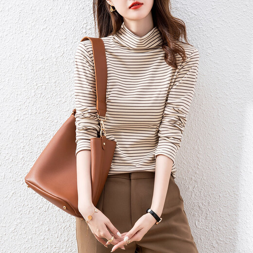 Demana (dme) super elastic striped half turtleneck comfortable striped bottoming shirt for women with top and bottoming shirt for women, light yellow L