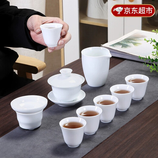 Feixiang mutton-fat jade Kung Fu tea set for home living room simple office reception Dehua white porcelain tureen tea cup mutton-fat jade tea set - magnolia cup type 10 pieces 2022 new white porcelain tea set