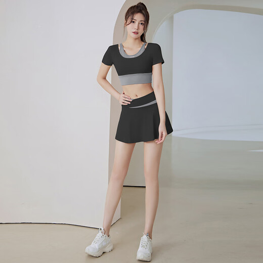Dong Wangrui Sports Suit Women's Yoga Wear Top Running Fitness Pilates Quick-Drying Short-Sleeved Short Skirt with Breast Pad Star Black Skirt + Short-Sleeved Suit L 105-115Jin Jin equals 0.5 kg