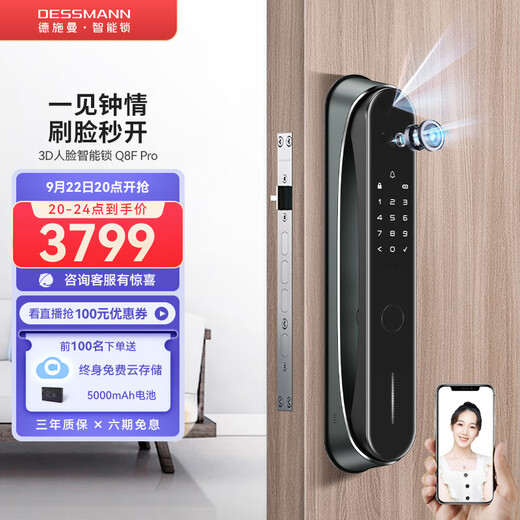 DESSMANN 3D face recognition cat eye smart lock fingerprint lock password lock anti-theft door lock electronic lock access lock video intercom Q8FPro modern gray