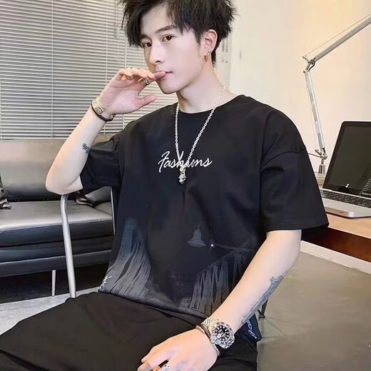 Mu Zangba short-sleeved T-shirt for men's summer thin ins printed half-sleeved round neck T-shirt for men's slim body half-sleeved top 826 black XL (120-140)Jin[Jin equals 0.5 kg]