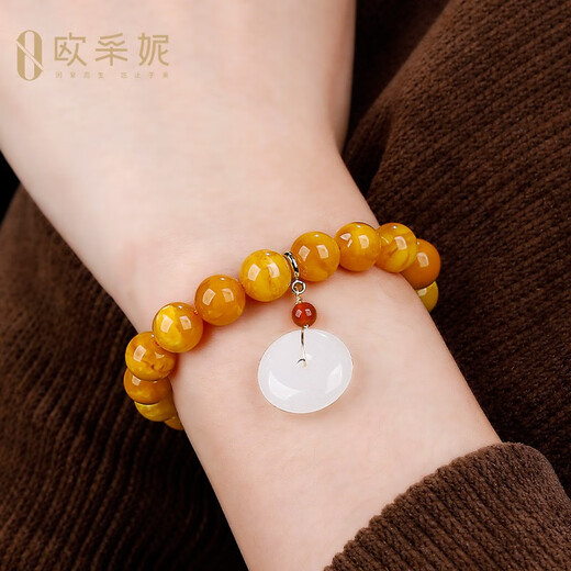 Ou Ceni beeswax bracelet, natural amber, old wax, southern red round beads, Hetian jade safety buckle pendant, single circle multi-treasure bracelet for men and women, ready to wear and ready to make