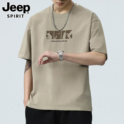 JEEP SPIRIT短袖t恤男夏季新款宽松冰丝五分袖印花男士半袖圆领休闲上衣 8105灰杏色 L