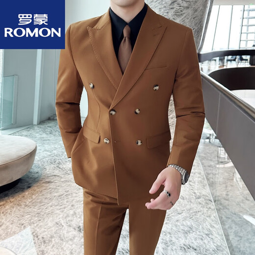 ROMON dark green suit men's suit groom double-breasted suit men's casual slim wedding dress peaked lapel dark green (suit + pants) tie M