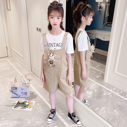 小咕嘟熊童装女童套装夏装中大儿童装休闲短袖两件套小女孩衣服背带裤服装 粉色 160