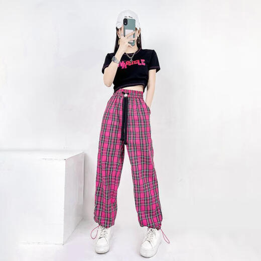 智兜兜小个子爵士舞套装广场舞蹈kpop跳舞套装女夏爵士舞服装运动穿搭街 386黑短袖+1049玫红裤子 均码 s