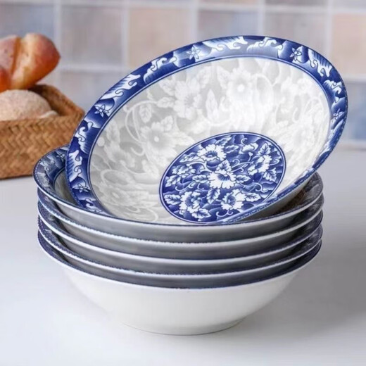 Enshousu Jingdezhen 2/10 blue and white porcelain bowl household commercial ramen bowl large soup bowl eating bowl instant noodle bowl ceramic tableware 6-inch bucket 1-inch 1 piece