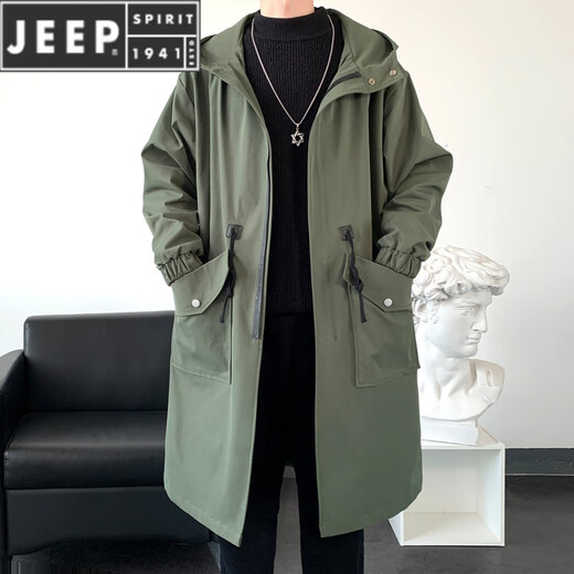 JEEP SPIRIT痞帅风衣外套男中长款春季新款过膝大衣男秋冬加厚披风派克服男装 黑色 XL 135斤-160斤可穿