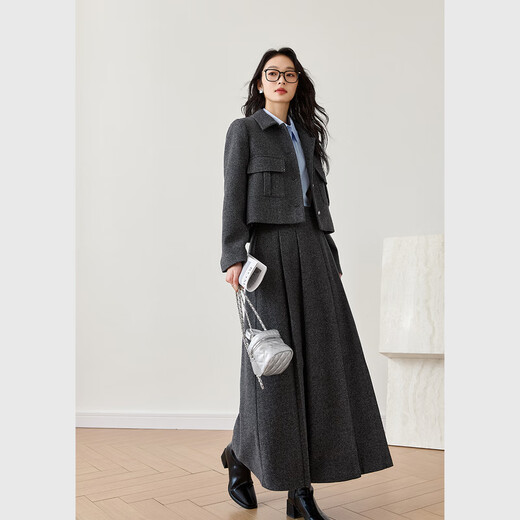 Vanciman wears a complete set of gray wool suits for women 2024 new cotton jacket skirt two-piece set M9871 gray S