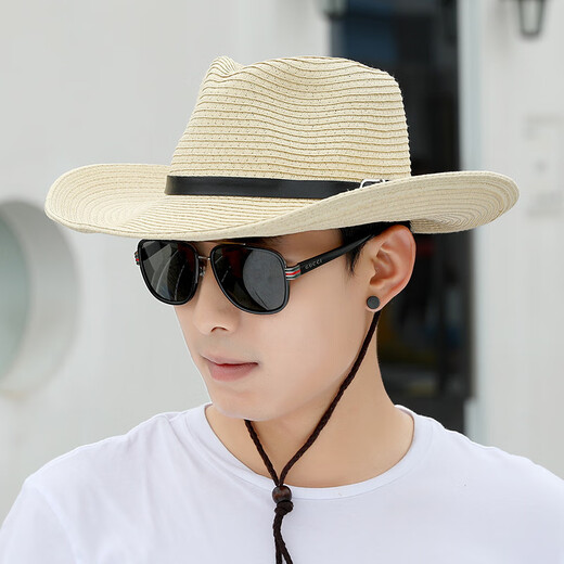 Baijichuan Hat Men's Summer Sun Hat Sun Protection Sun Hat Outdoor Fishing Hat Men's Korean Straw Hat Travel Beach Hat Khaki Belt Style One Size (58-60cm)