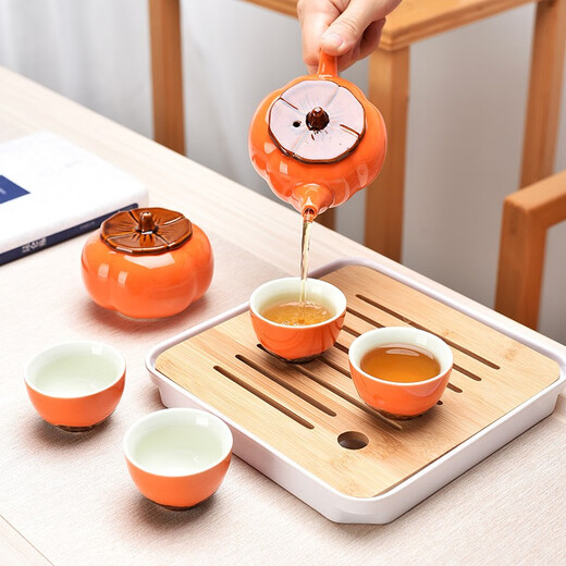 Xin Qi Ji business souvenir Kung Fu tea set persimmon wishful housewarming holiday gift ceramic annual party gift one pot one can four persimmon cup gift box