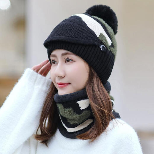 KAROND new product elderly hats for women autumn and winter hats for women autumn and winter Korean style trendy plus velvet warm three-piece set fashionable and versatile winter ear protection knitted wool hat black and blue warm three-piece set [hat++ scarf]