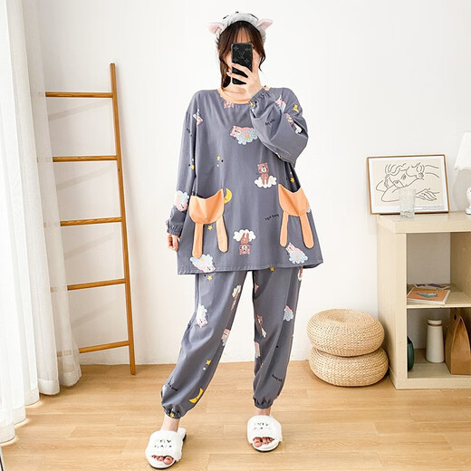 Shihua Lane 200 Jin [Jin entspricht 0,5 kg] Fettes Mädchen großer Größe Pyjamas Frauen Langarm Cartoon Set Lose Home-Kleidung, die Sie außerhalb des Herbstes tragen können Fett MM 6169 Grau 4xl 130-180 Jin [Jin gleich 0,5 kg]