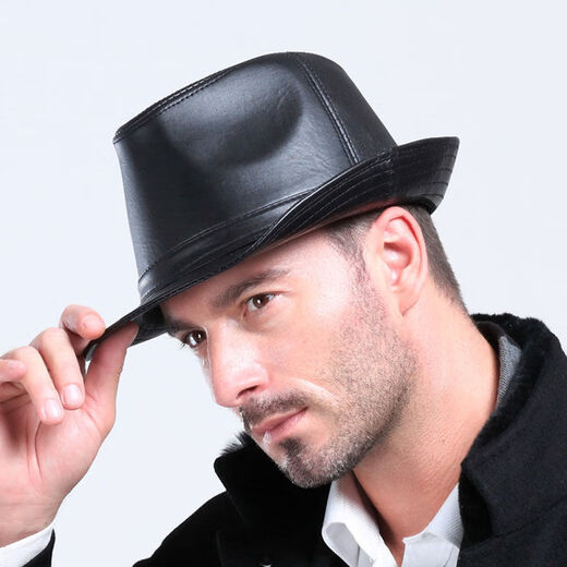 Xinoxiang spring and autumn genuine leather hat men's sheepskin jazz hat British large brim gentleman hat winter middle-aged and elderly leather hat trendy hat 58cm black