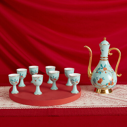 Gao Chun Ceramics Gao Chun Ceramic White Wine Cup Set Household Wineware Wine Flask Sake Yellow Wine Cup Antique Chinese Style High-end Light Luxury Gift Gift Golden Golden Branch Flask 1 Pot 8 Cups