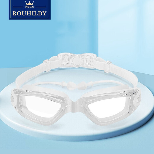 ROUHILDY swimming goggles for myopic women, waterproof, anti-fog, high-definition, large frame, white fashion equipment with earplugs, prescription myopia swimming goggles, elegant white 150