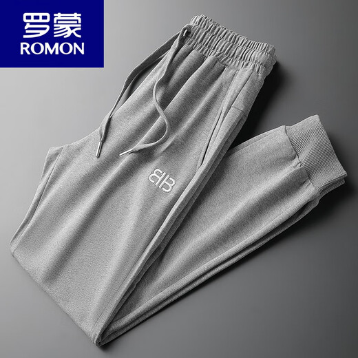 罗蒙（ROMON）运动裤男棉春秋薄款束脚休闲长裤小脚刺绣男士酒红色裤子男卫裤 黑色9928春秋薄款 M