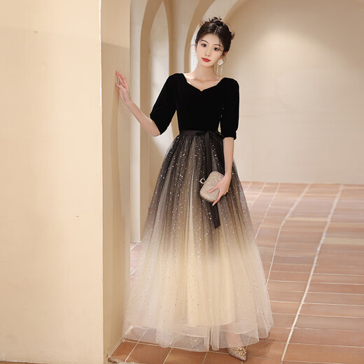 Timochi violin piano performance dress female high school student choir conductor evening high-end light luxury niche host banquet black gradient L