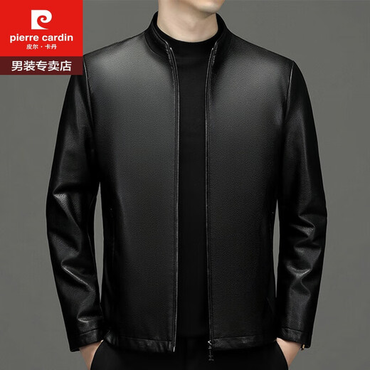Pierre Cardin high-end genuine leather men's jacket spring, autumn and winter motorcycle slim casual middle-aged men's first-layer genuine cowhide jacket, stand-up collar green plus velvet 170/M