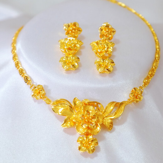 Qianbaolai Wedding Jewelry Three Gold Set Chinese Style Luxurious Exquisite Large Flower Necklace Earrings Imitation Gold Bridal Jewelry Set (Necklace + Earrings)