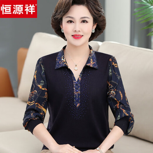 恒源祥妈妈夏装上衣洋气外穿中年印花衬衫女早秋长袖中老年春秋打底 16813 黑色 短.袖 M(建议80-100斤)